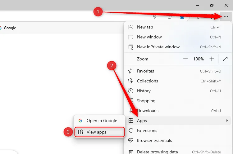 Menu ba chấm trong Microsoft Edge được mở rộng, và tùy chọn Xem ứng dụng được chọn qua menu con Ứng dụng.
