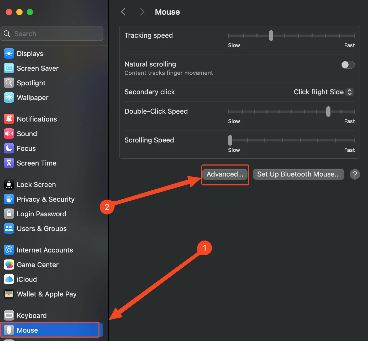 Menu Chuột trong ứng dụng Cài đặt của macOS, nơi điều chỉnh các thiết lập chuột.