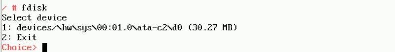 Menu fdisk trong HelenOS hiển thị thông báo lỗi không phát hiện được ổ đĩa cứng ảo, minh họa quá trình cài đặt gặp vấn đề.