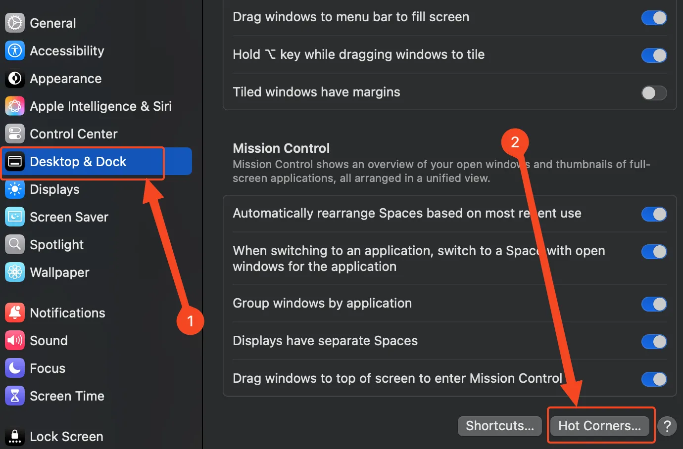 Menu Màn hình nền &amp; Dock trên macOS, nơi thiết lập các Hot Corners hữu ích.