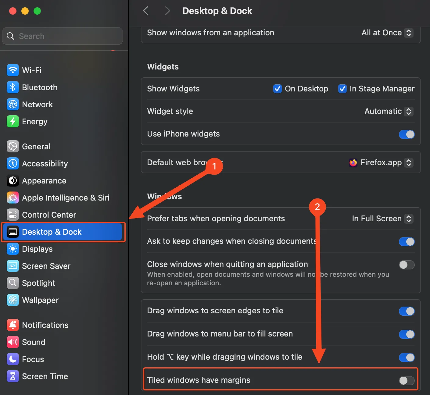 Menu Màn hình nền &amp; Dock trong Cài đặt macOS, nơi tắt tùy chọn lề cửa sổ.