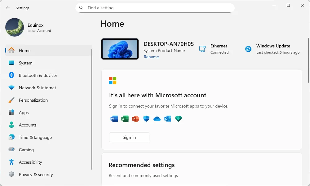 Menu Settings trên Windows 11 với giao diện mới