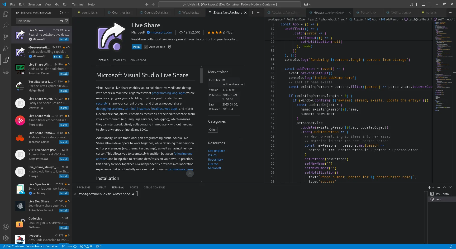 Menu tiện ích mở rộng của VS Code với mô tả chi tiết về Live Share, công cụ cộng tác mã nguồn thời gian thực.