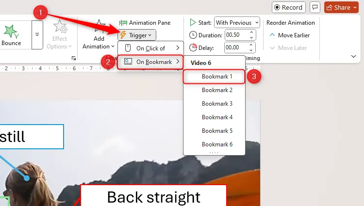 Menu Trigger trong PowerPoint, tùy chọn On Bookmark được mở rộng và Bookmark 1 được chọn