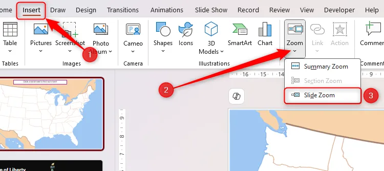 Menu Zoom thả xuống trong tab Insert của PowerPoint với tùy chọn Slide Zoom được chọn