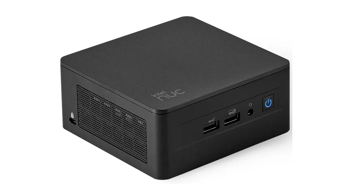 Mini PC Laptop with Linux Intel NUC13 nổi bật trên nền trắng