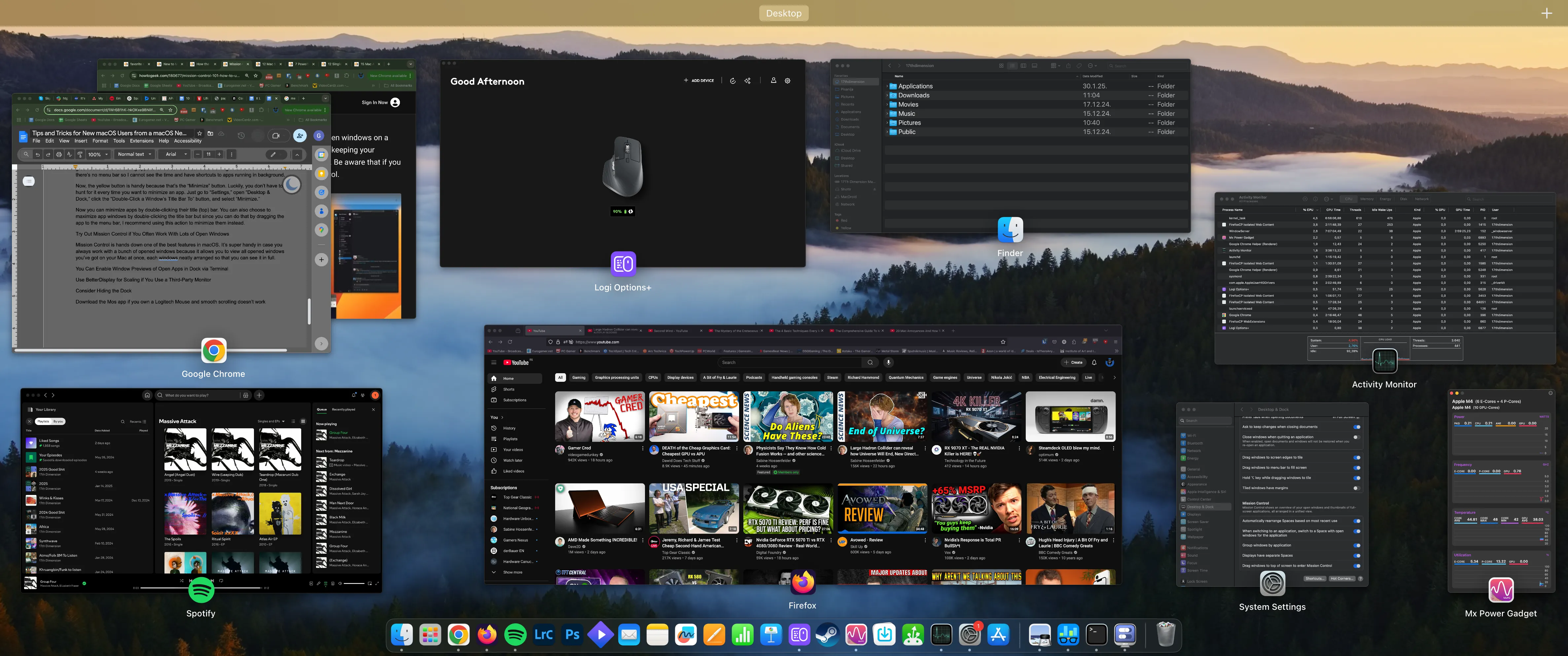 Mission Control hiển thị tất cả các cửa sổ đang mở trên macOS, giúp quản lý không gian làm việc.