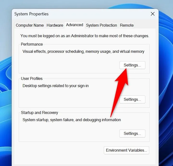 Mở cài đặt hiệu suất hệ thống nâng cao trên Windows 11.