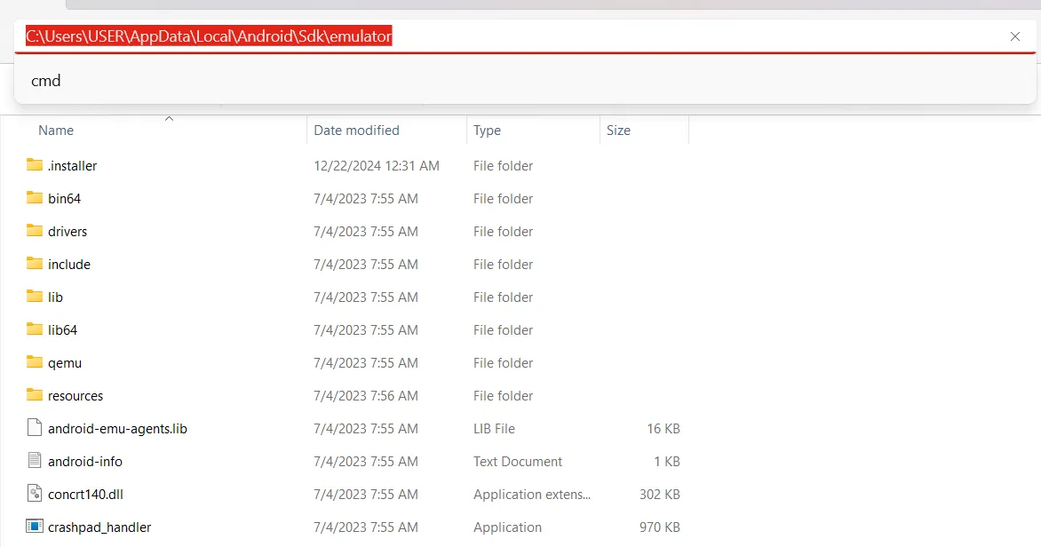 Mở Command Prompt trực tiếp từ thanh địa chỉ File Explorer trong thư mục Android SDK emulator