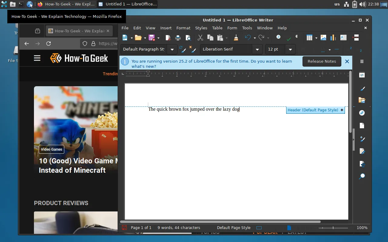 Môi trường desktop Xfce của PorteuX với trình duyệt Firefox và bộ ứng dụng văn phòng LibreOffice đang hoạt động.