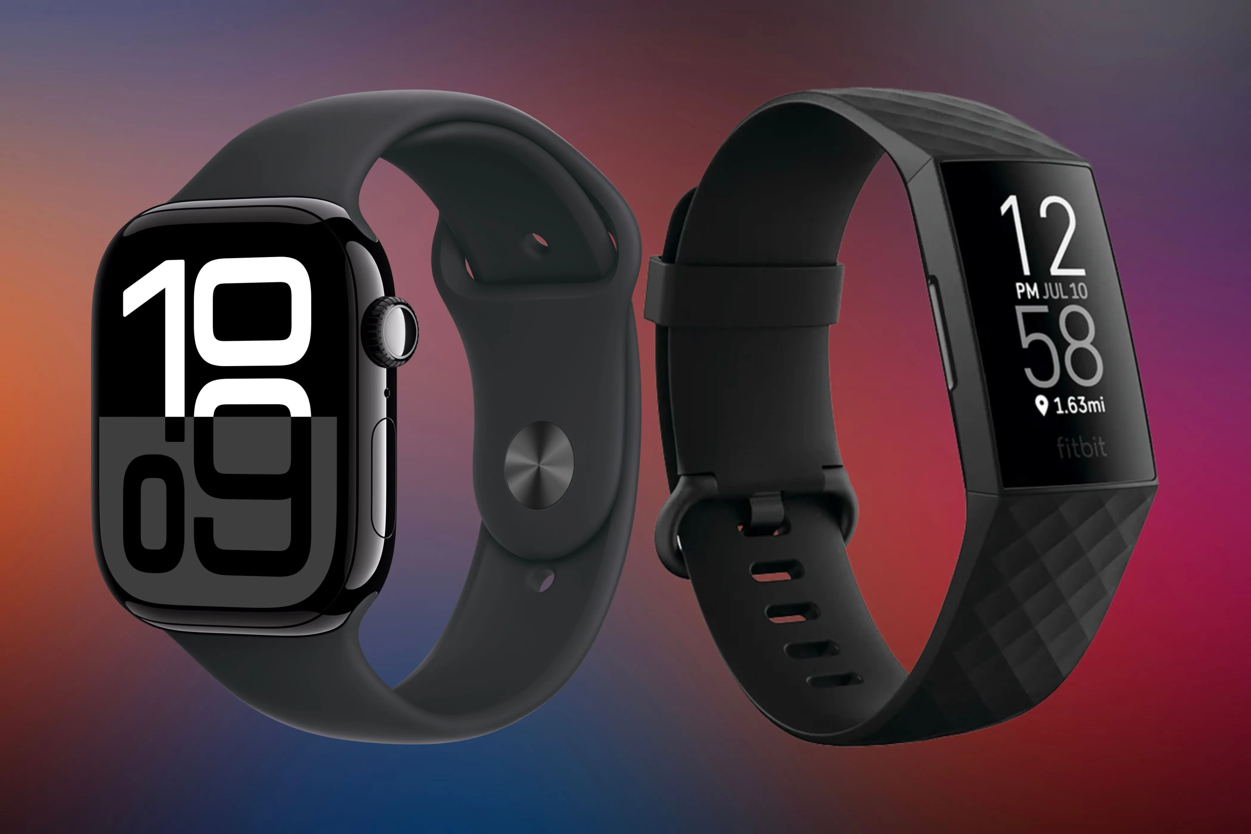 Một chiếc Apple Watch và Fitbit trên nền nhiều màu sắc.