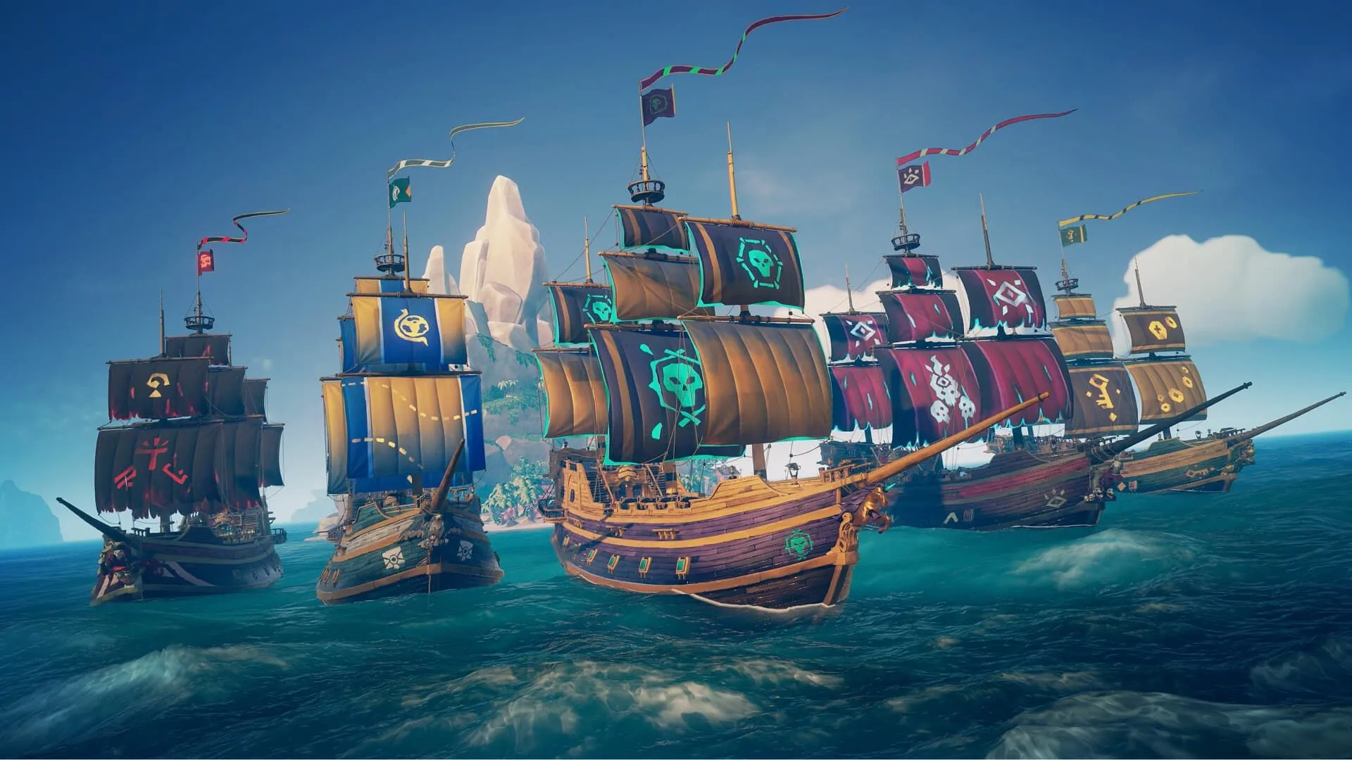 Một đoàn tàu trong Sea of Thieves đang ra khơi từ hòn đảo