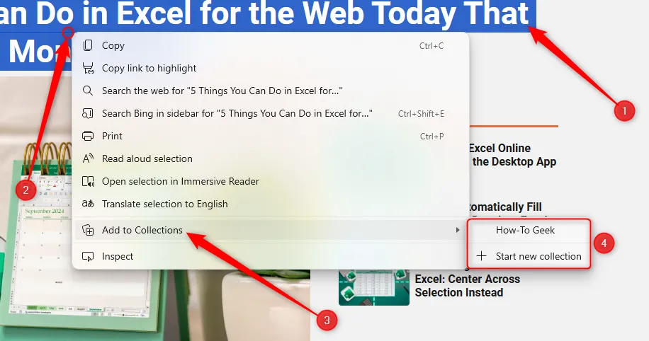 Một đoạn văn bản trên trang web được chọn, và tùy chọn thêm văn bản đó vào Bộ sưu tập Microsoft Edge được làm nổi bật qua menu chuột phải.