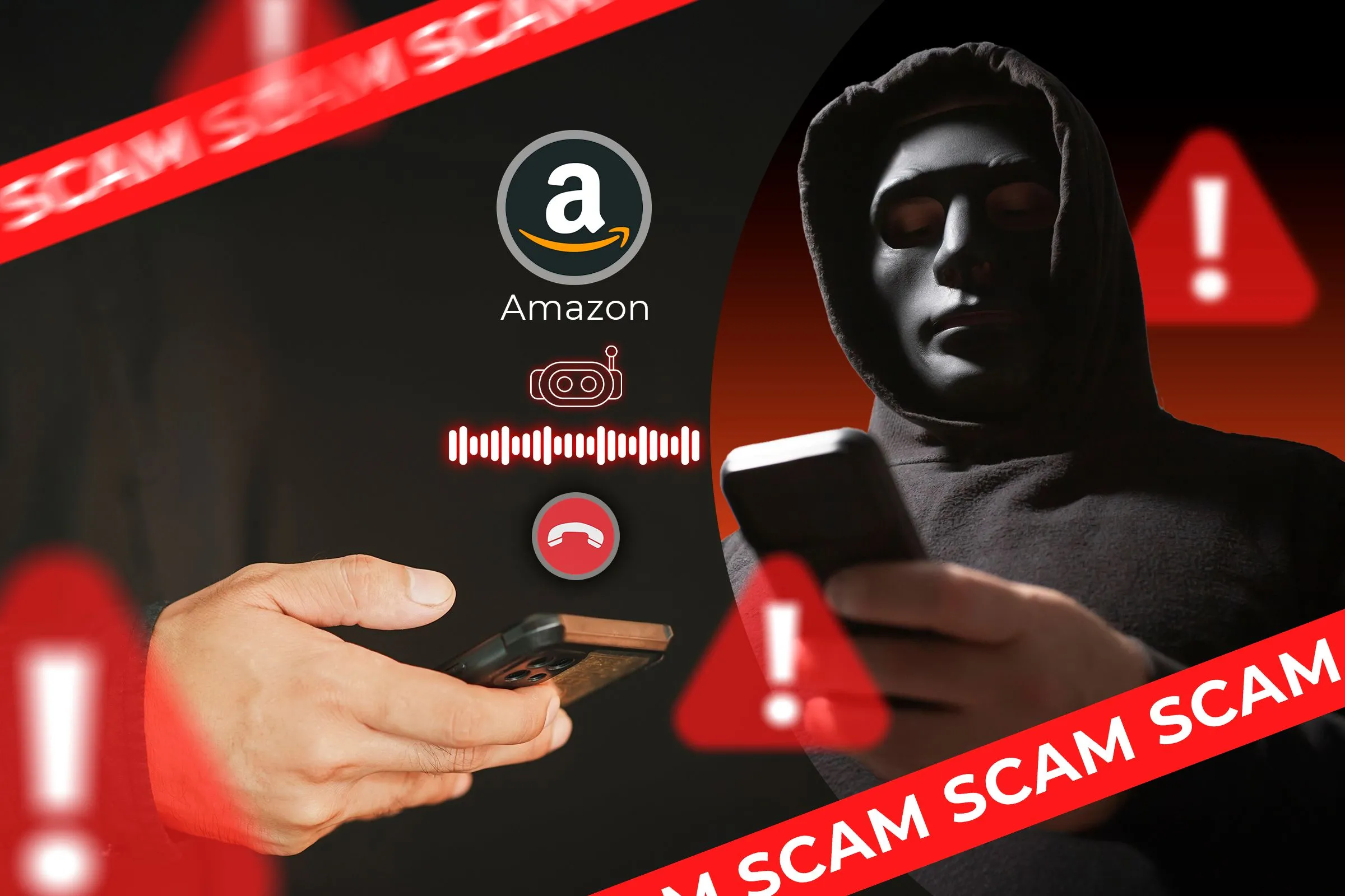 Một người dùng đang cầm điện thoại với cuộc gọi giả mạo từ Amazon, bên cạnh là một kẻ lừa đảo đeo mặt nạ