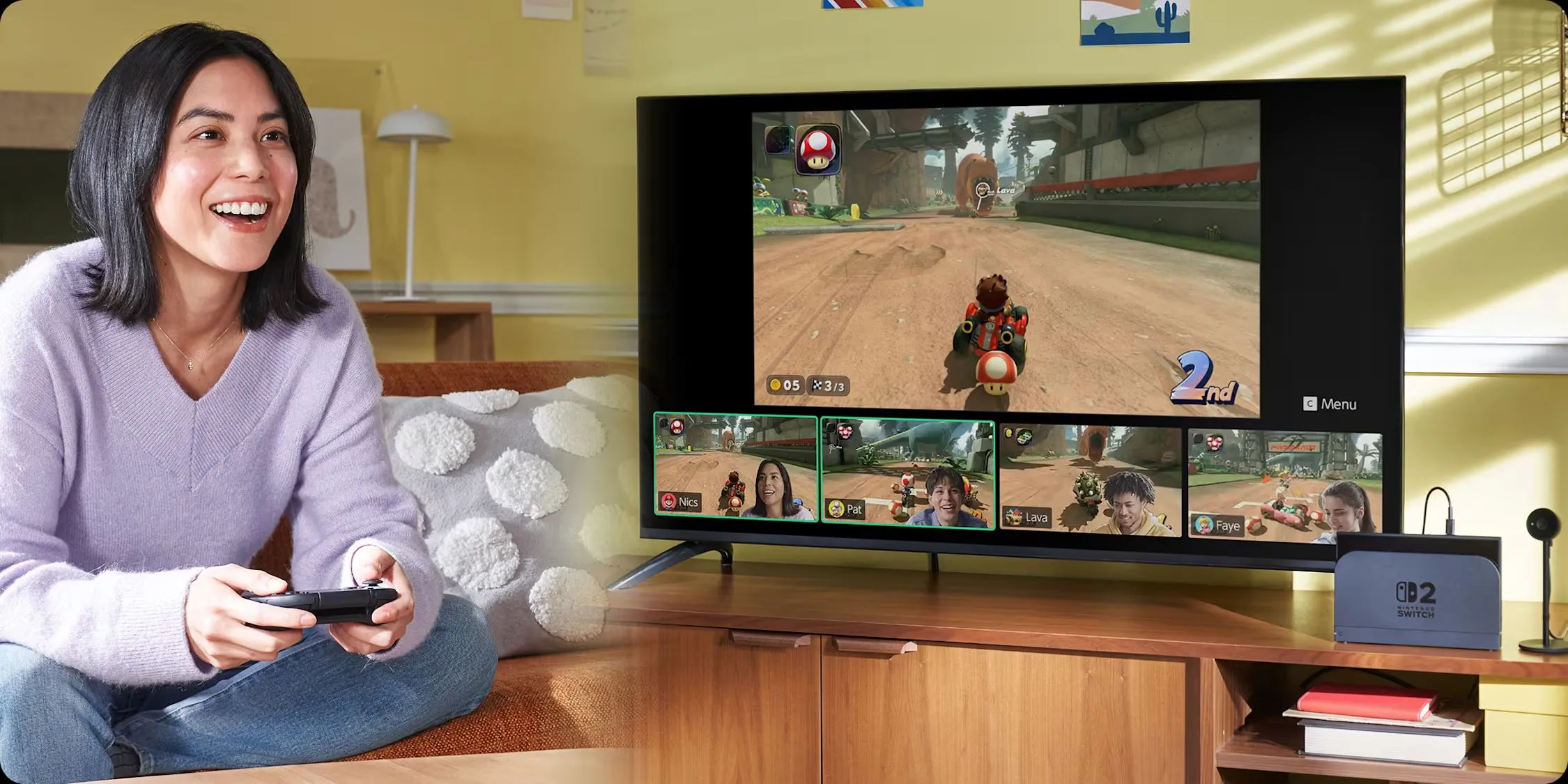 Một người dùng đang trải nghiệm tính năng GameChat trên Nintendo Switch 2 khi chơi Mario Kart World