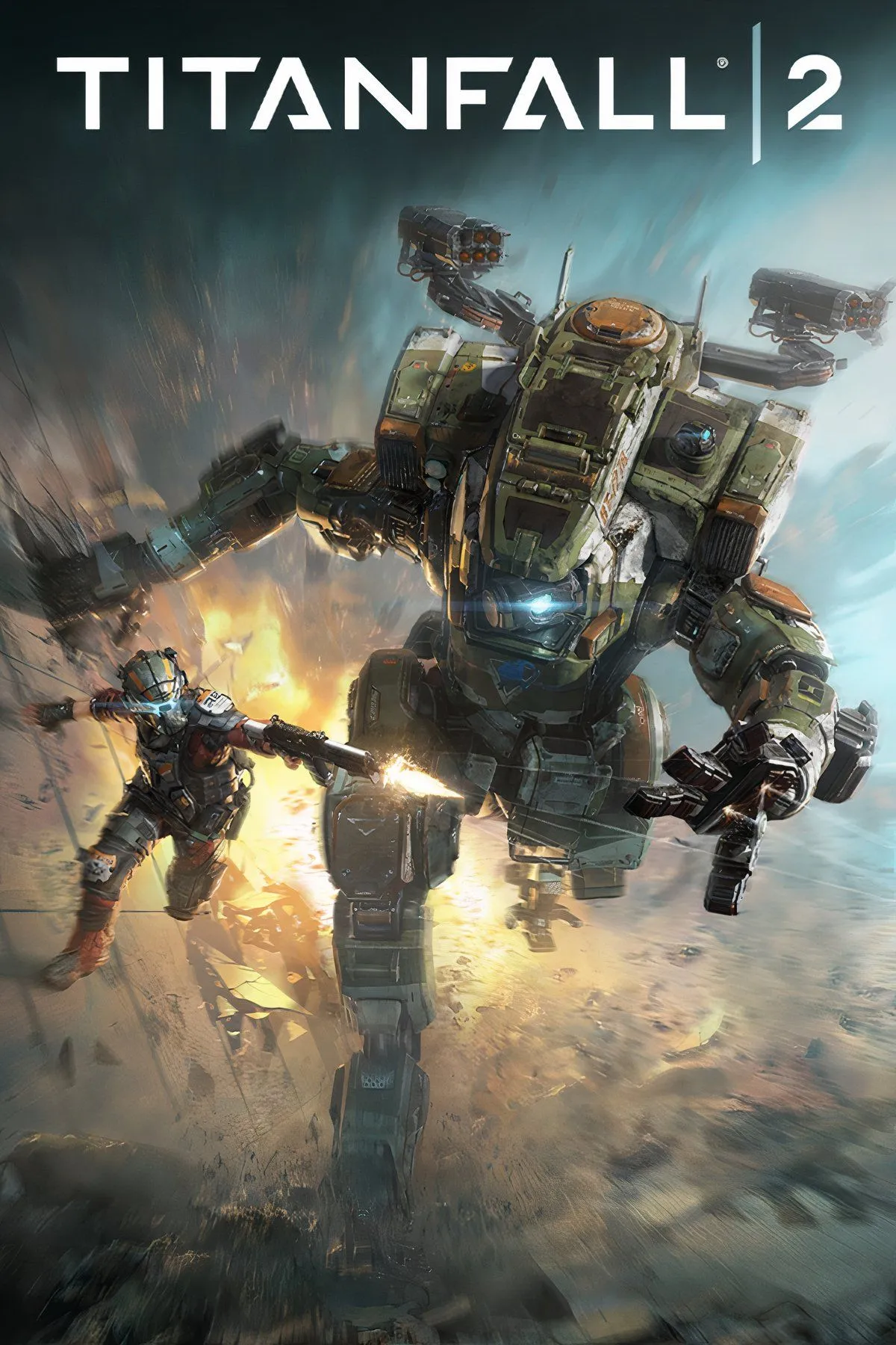 Một người lính cận chiến cùng với robot Titan khổng lồ của mình trên chiến trường trong Titanfall 2