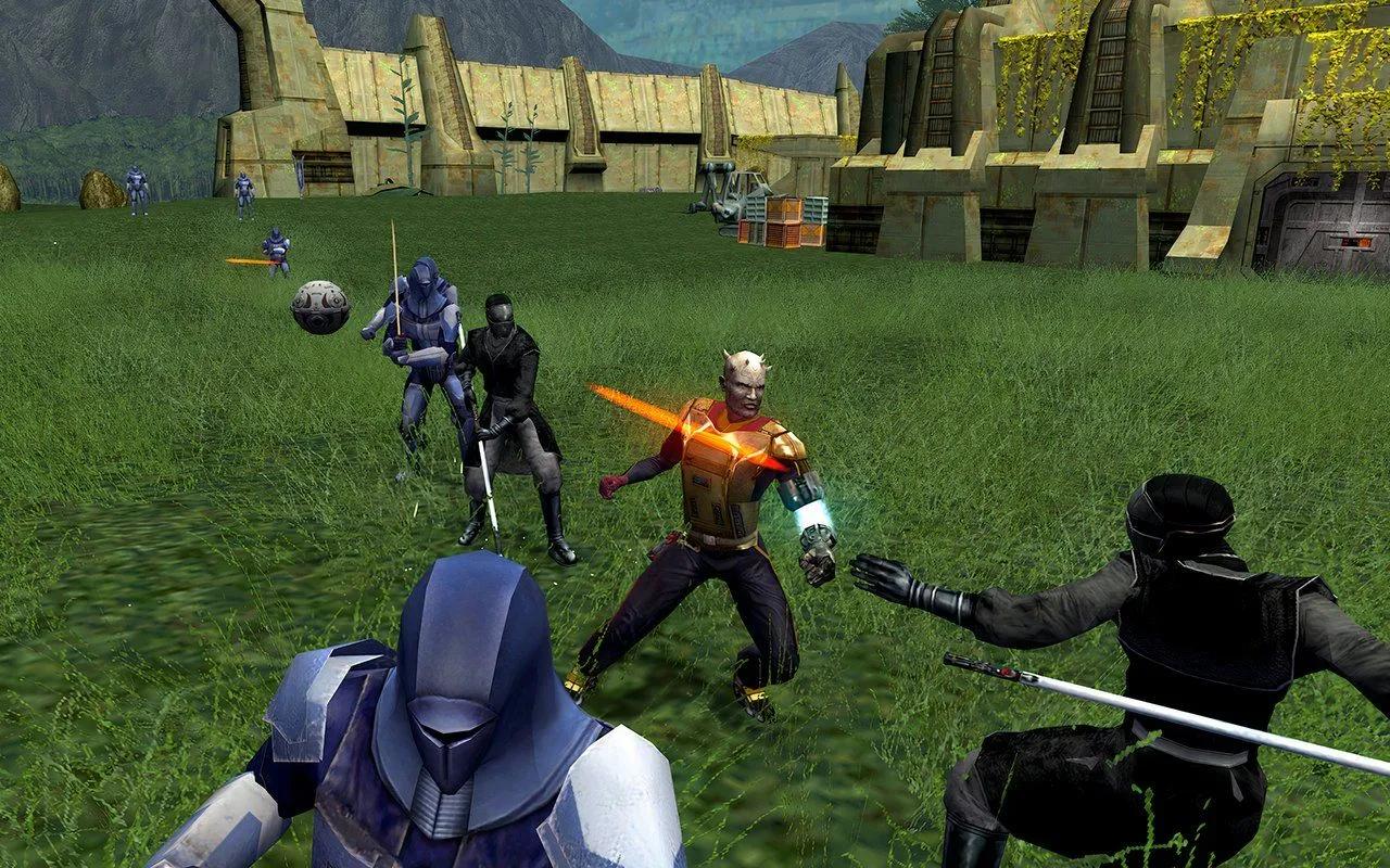 Một nhân vật đang khám phá môi trường trong Knights of the Old Republic II, một tựa game kinh điển được hồi sinh nhờ mod phục hồi nội dung