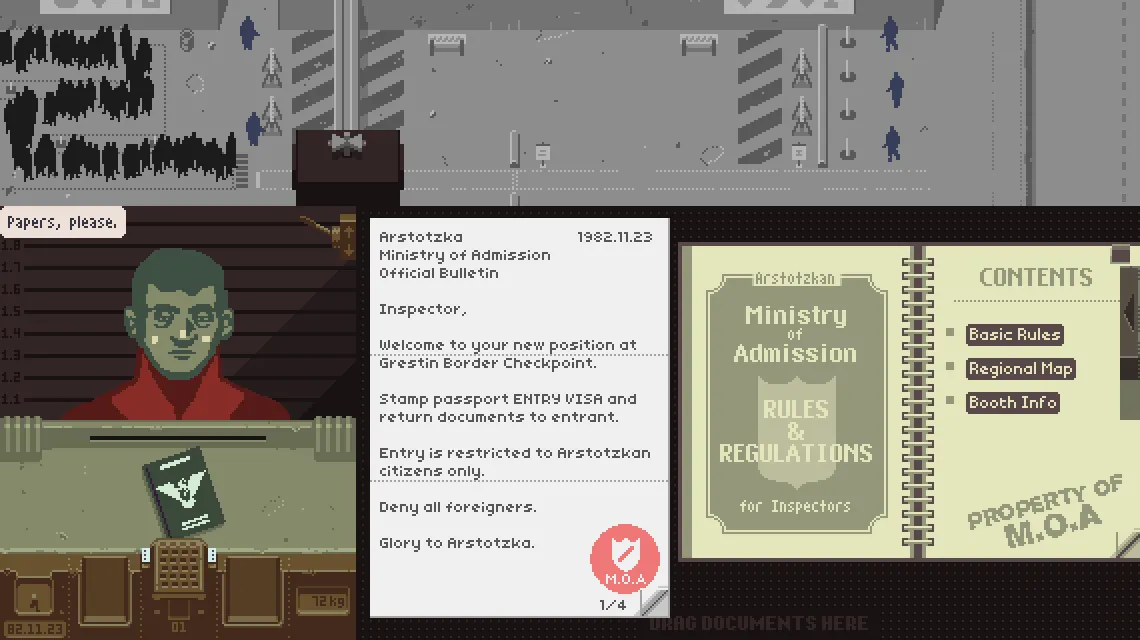 Một nhân vật đang ngồi ở trạm kiểm soát biên giới trong game Papers Please