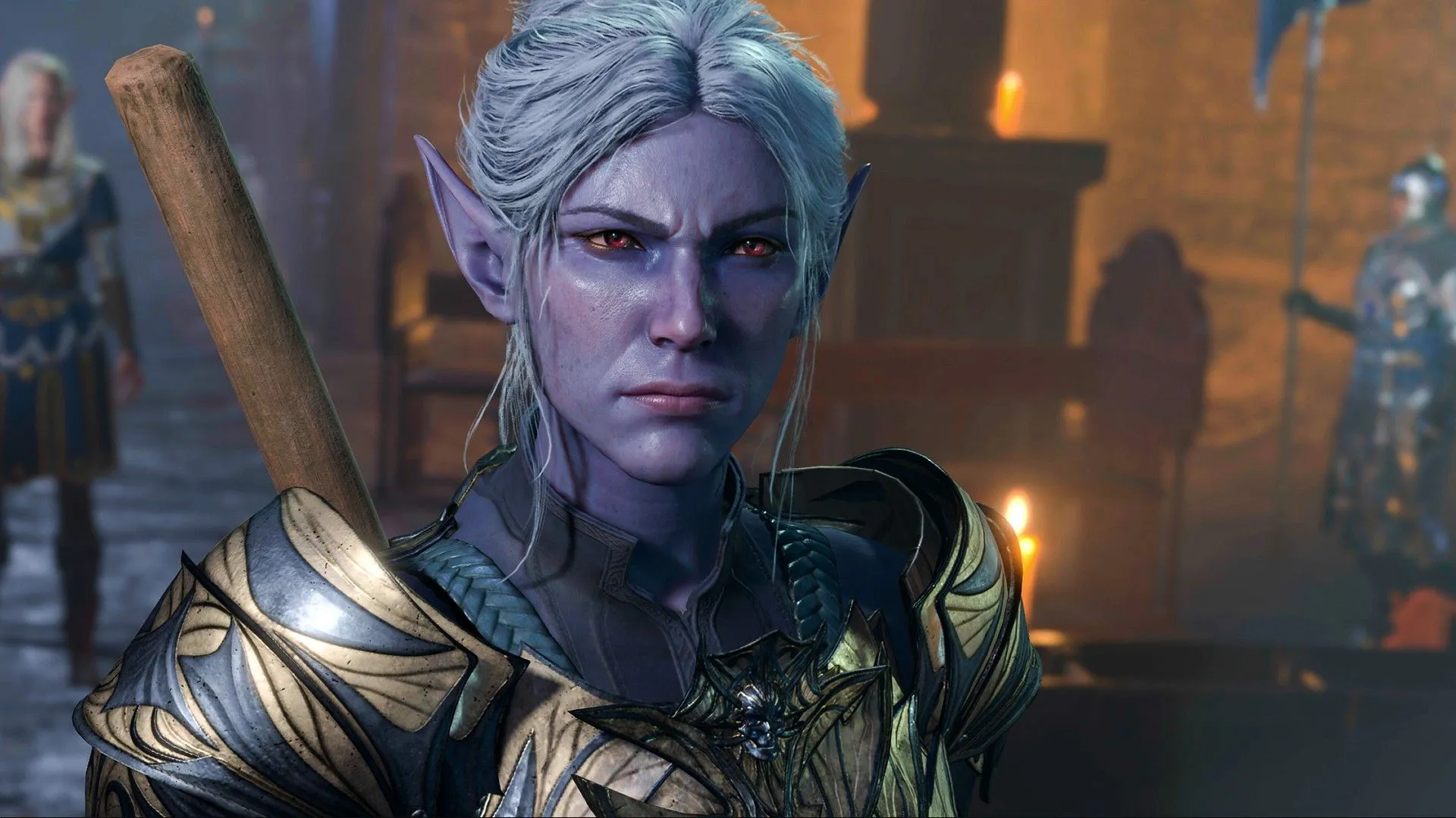 Một nhân vật elf màu tím với biểu cảm giận dữ trong Baldur's Gate 3, một siêu phẩm RPG với hệ thống lãng mạn đỉnh cao.