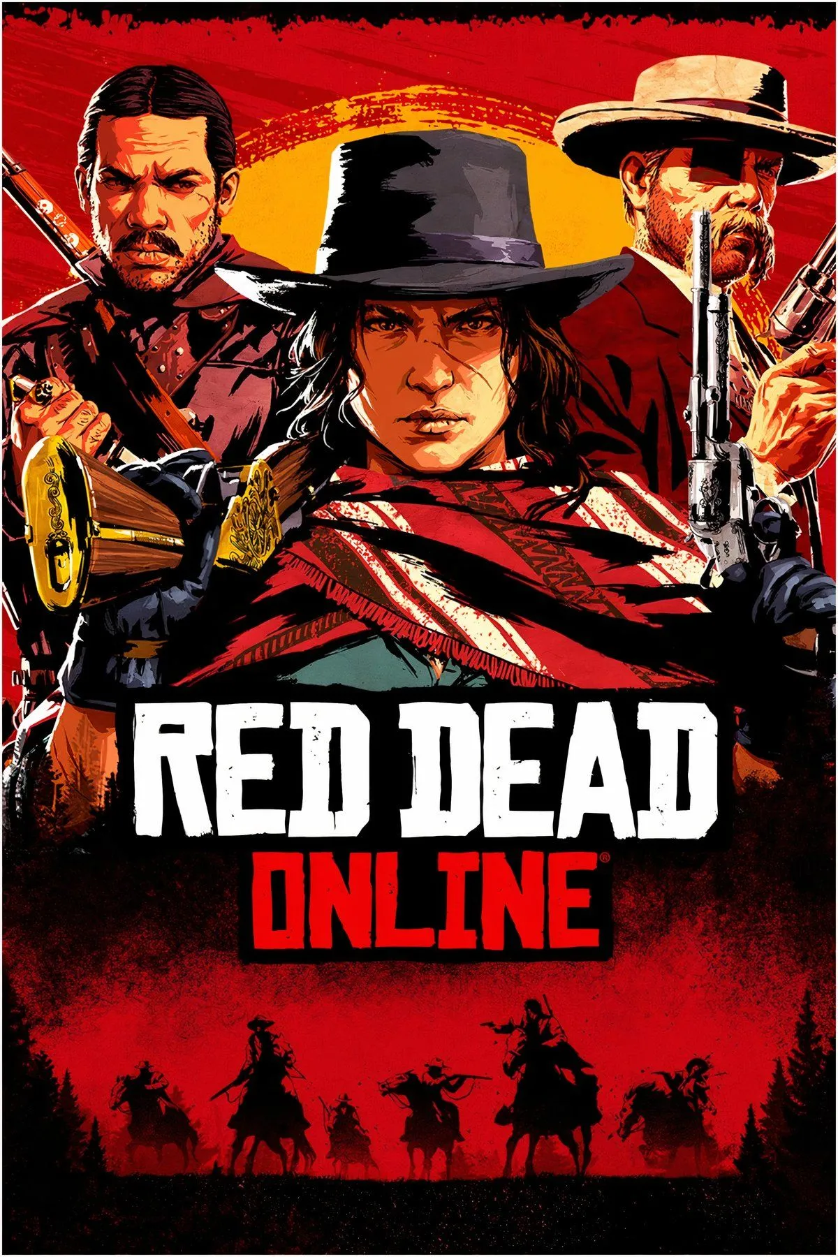 Một nhóm cao bồi cưỡi ngựa vượt qua vùng đồng bằng rộng lớn trong Red Dead Online