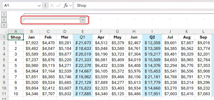 Một nhóm con các cột trong Excel, với đường nhóm và dấu trừ chỉ ra nhóm này được làm nổi bật.