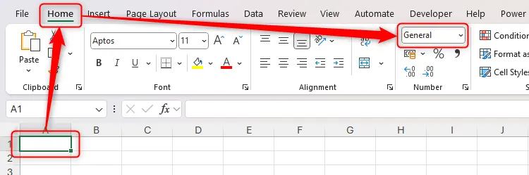 Một ô trong Excel được chọn và định dạng số General trong tab Home được làm nổi bật.