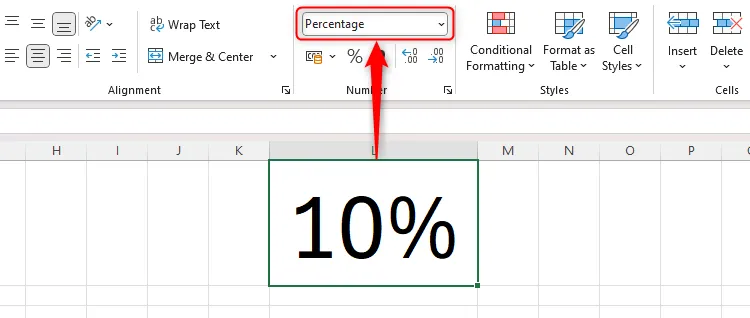 Một trang tính Excel hiển thị phần trăm trong ô L1, và định dạng số tương ứng trong nhóm Number của tab Home phản ánh loại dữ liệu này.