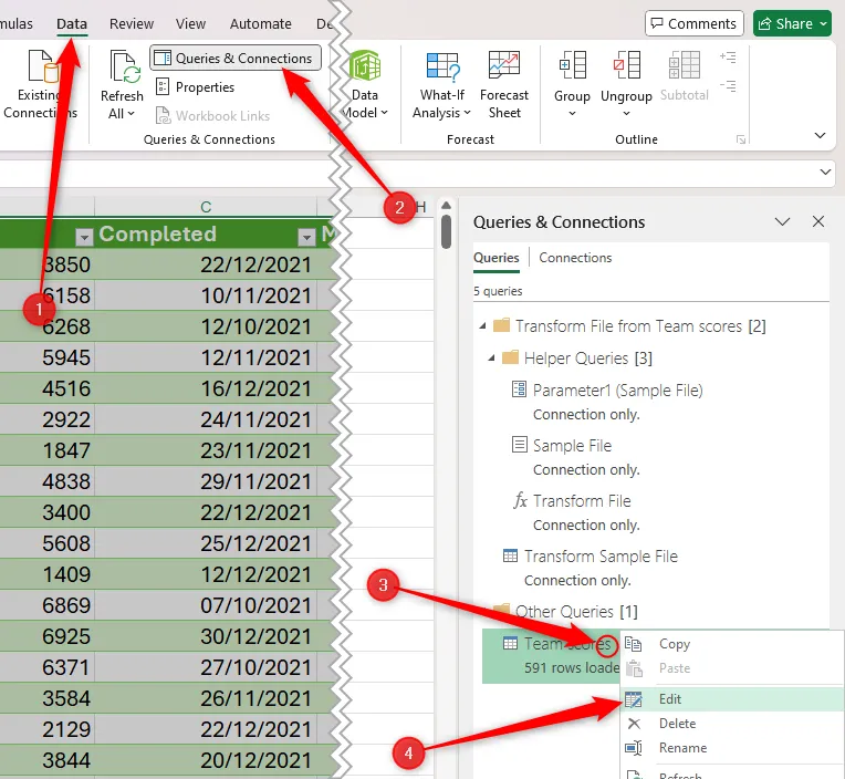 Ngăn Queries And Connections (Truy vấn và Kết nối) trong Excel được kích hoạt, chọn Edit (Chỉnh sửa) để sửa truy vấn Power Query.