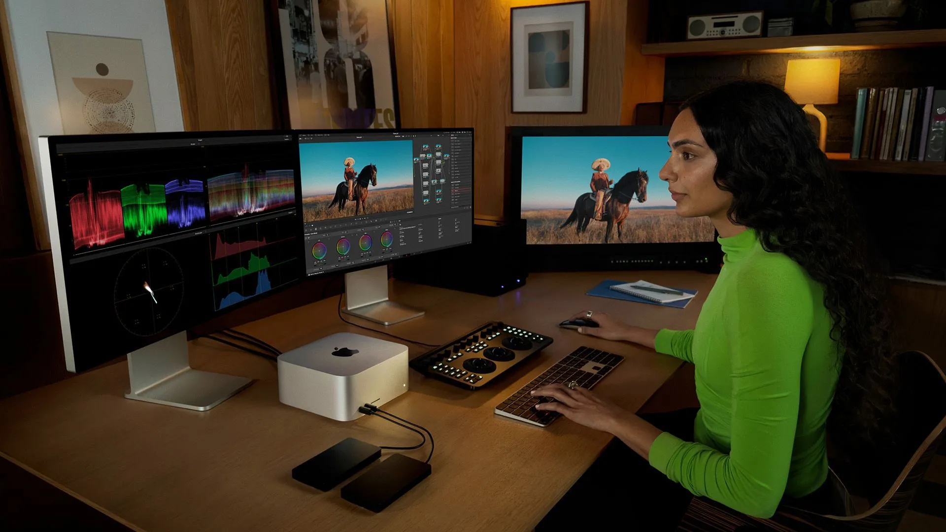 Nghệ sĩ chỉnh sửa video trên hệ thống Mac Studio với màn hình kép Apple Studio Display.