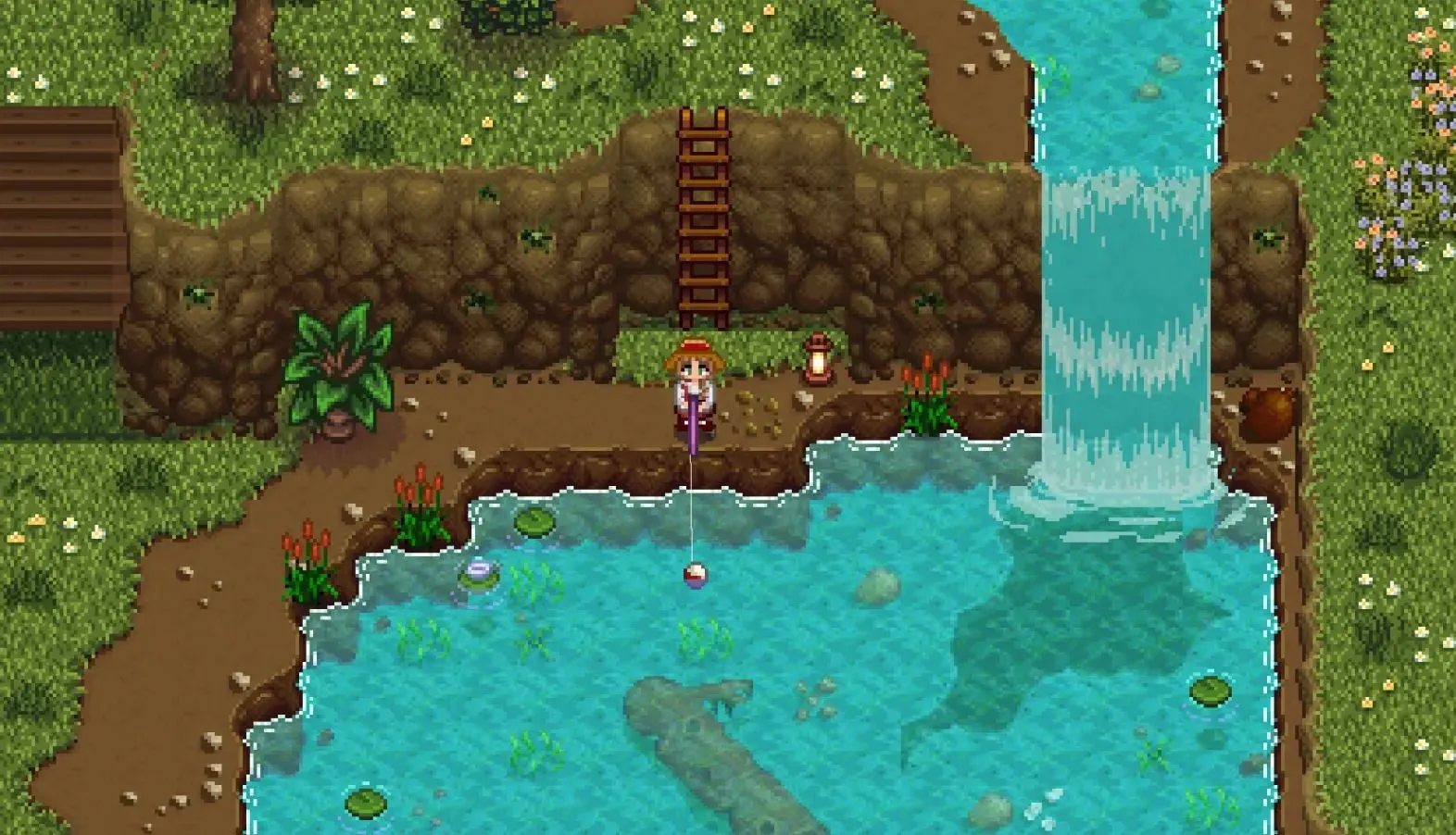 Người chơi câu cá ở khu vực núi non trong Stardew Valley, với bảng màu tự nhiên và dịu mắt của DaisyNiko's Earthy Recolour