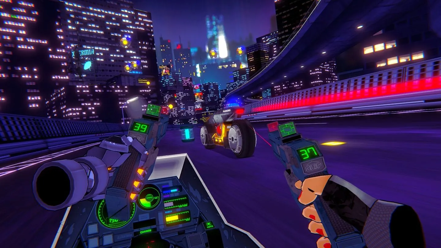 Người chơi lái mô tô bắn súng vào đối thủ trong game VR RUNNER phong cách cyberpunk.