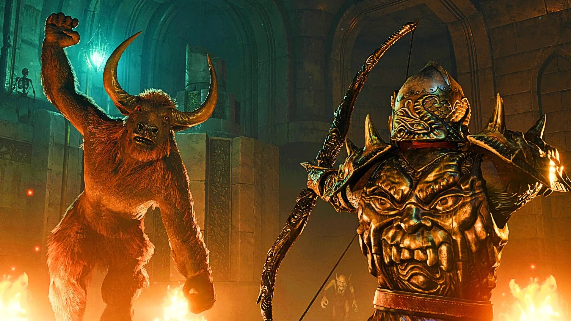 Người chơi mặc giáp đầy đủ đang nhắm cung vào quái vật Minotaur trong cảnh chiến đấu tại The Elder Scrolls IV Oblivion Remastered