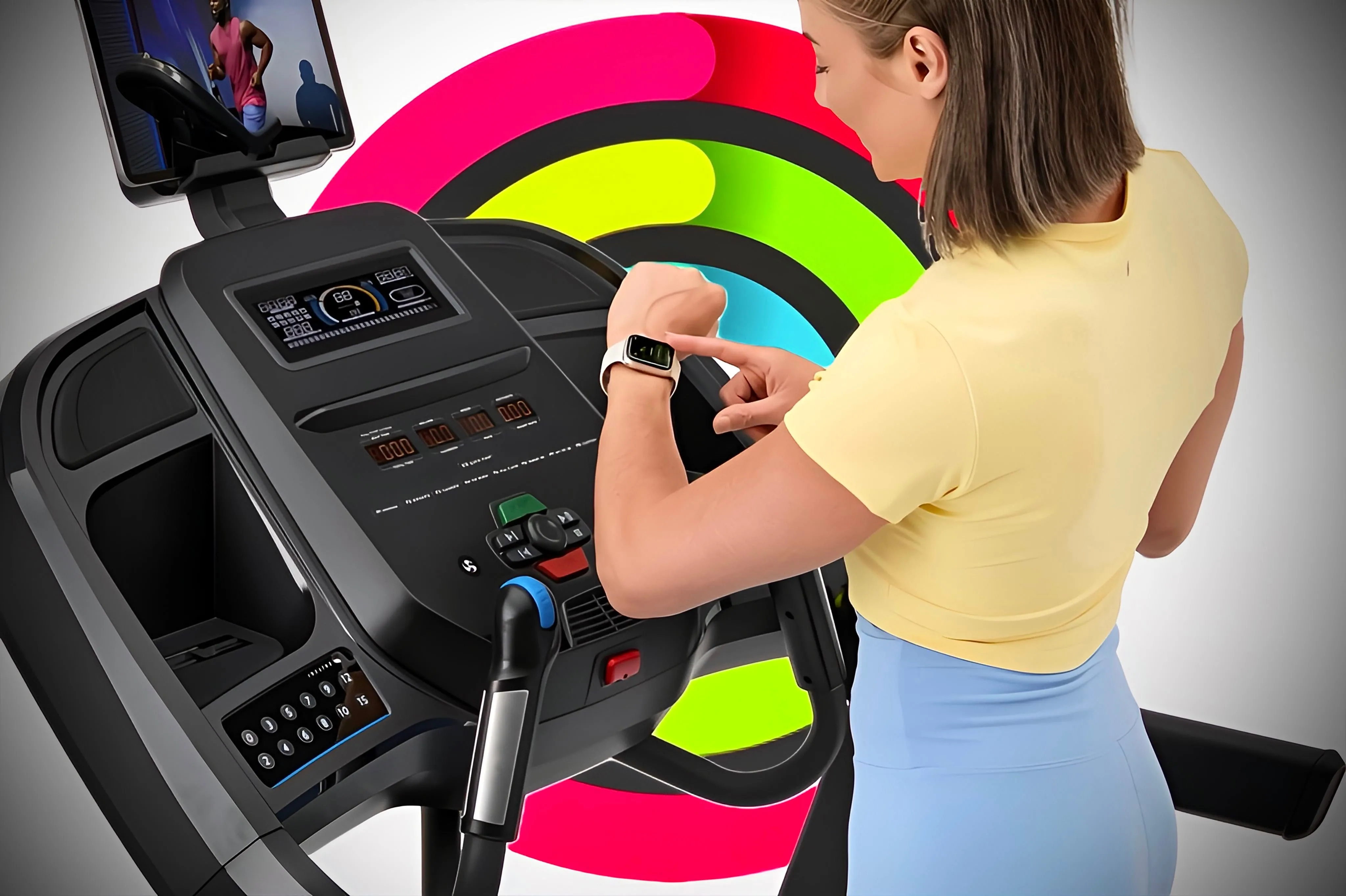 Người dùng đang kết nối Apple Watch với máy chạy bộ có hỗ trợ GymKit