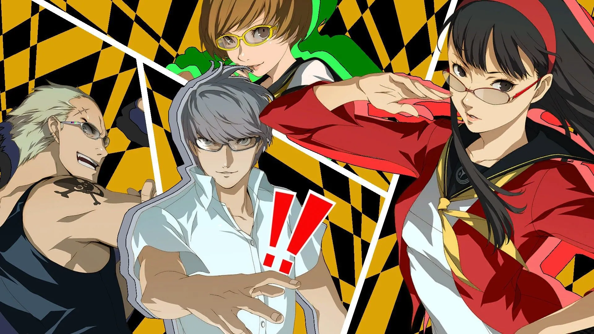 Nhân vật chính cùng ba bạn đồng hành trong Persona 4 Golden, thể hiện khía cạnh tương tác xã hội và tình cảm của game.