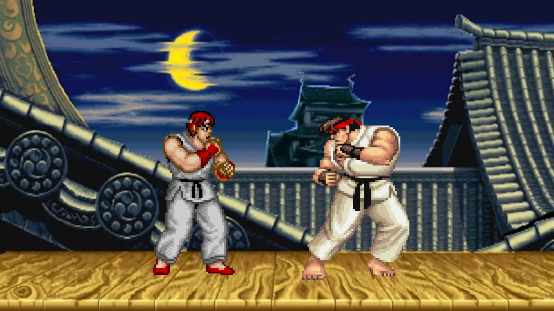 Nhân vật Ryu trong tư thế đối đầu từ hai phiên bản Street Fighter và Street Fighter II, biểu tượng cho sự tiến hóa của dòng game đối kháng.