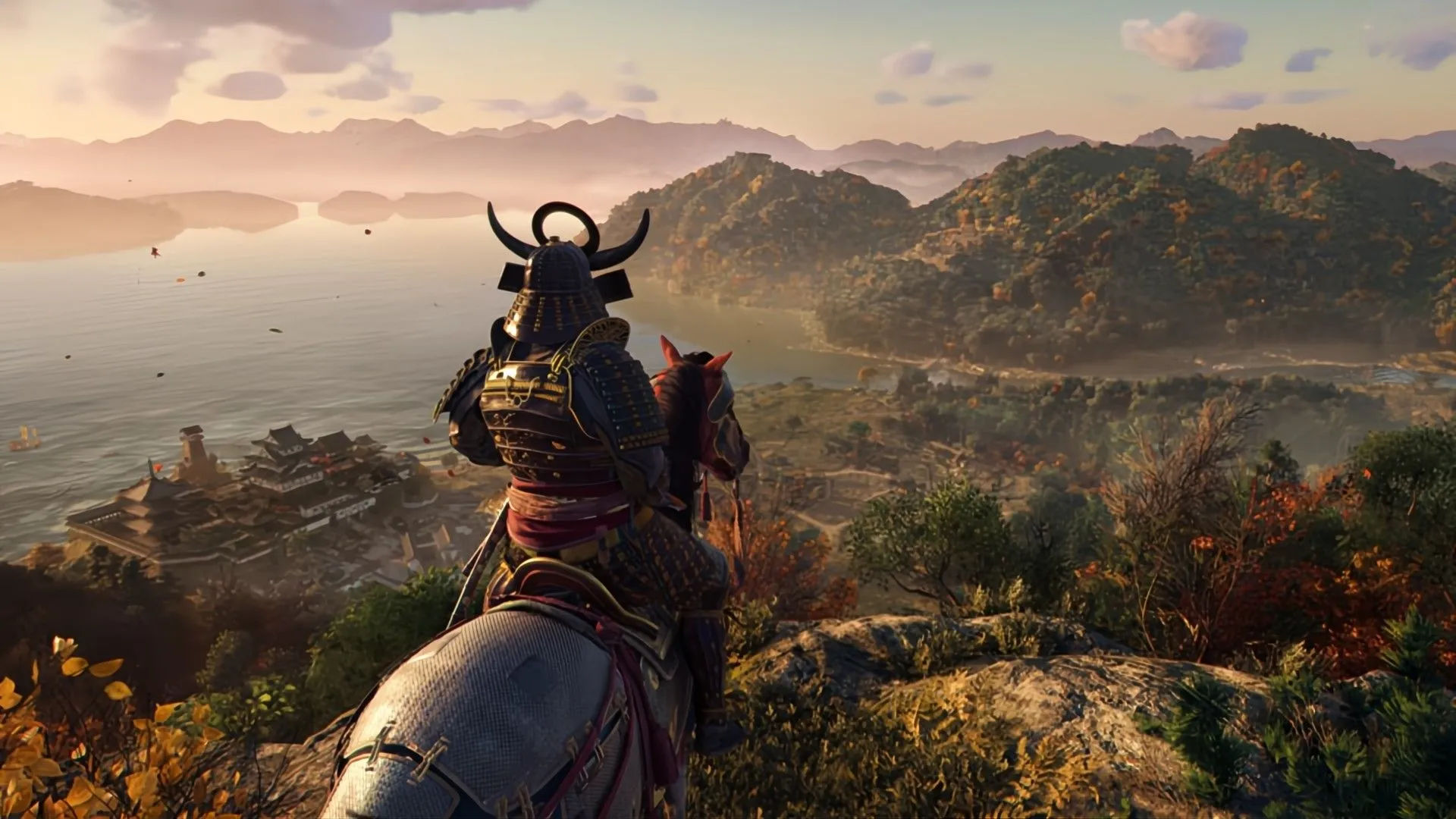Nhân vật samurai trong Assassin's Creed Shadows nhìn xuống xã hội từ vách đá