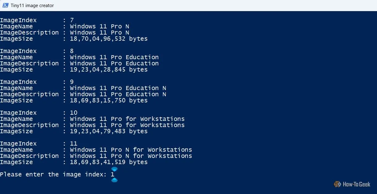 Nhập chỉ mục phiên bản Windows 11 (Image Index) để Tiny11 tiến hành tạo ISO