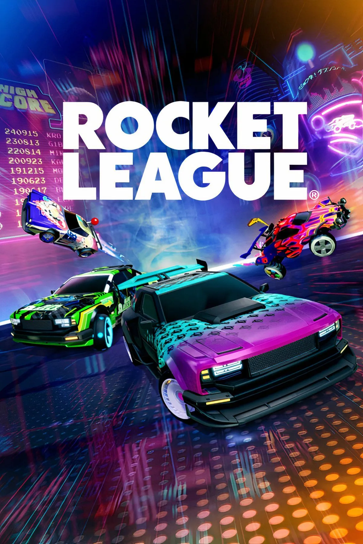 Những chiếc xe đua trong Rocket League đang bay lên để ghi bàn vào khung thành khổng lồ