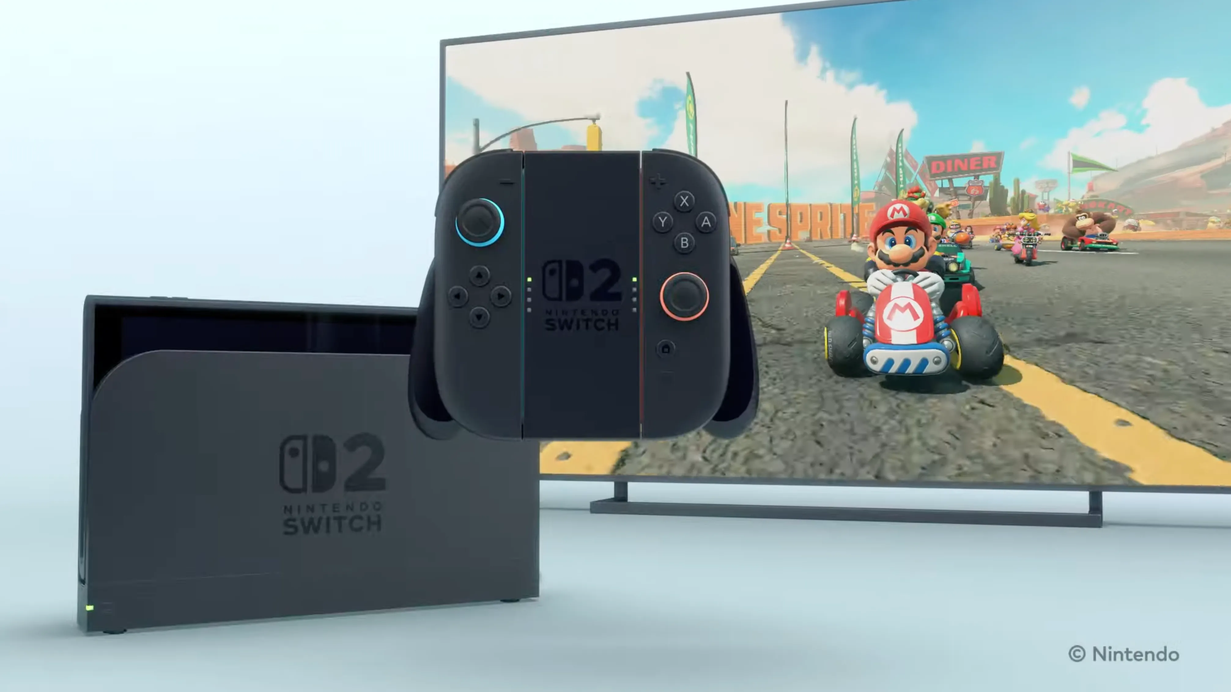 Nintendo Switch 2 đang kết nối với dock và trình chiếu game Mario Kart lên màn hình TV
