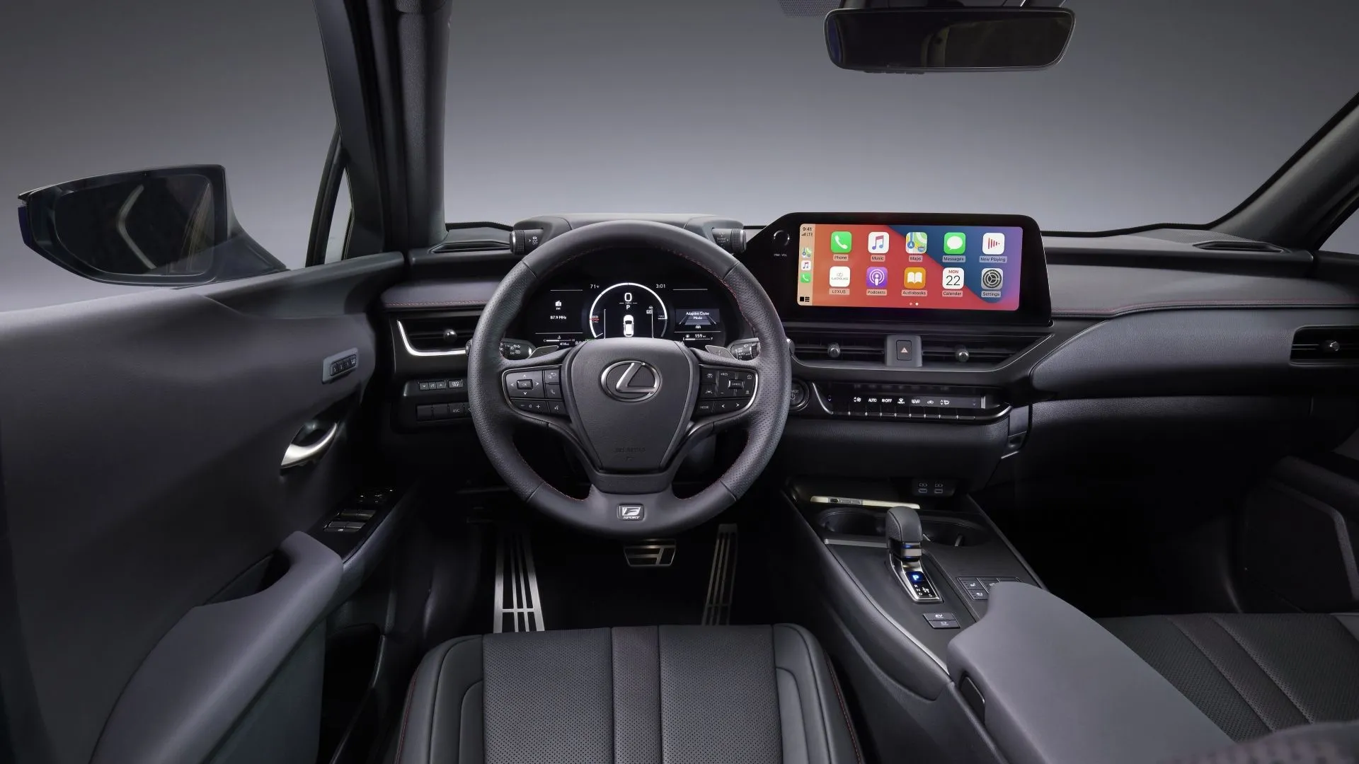Nội thất khoang lái Lexus UX 2025 F Sport với màn hình giải trí lớn và cần số