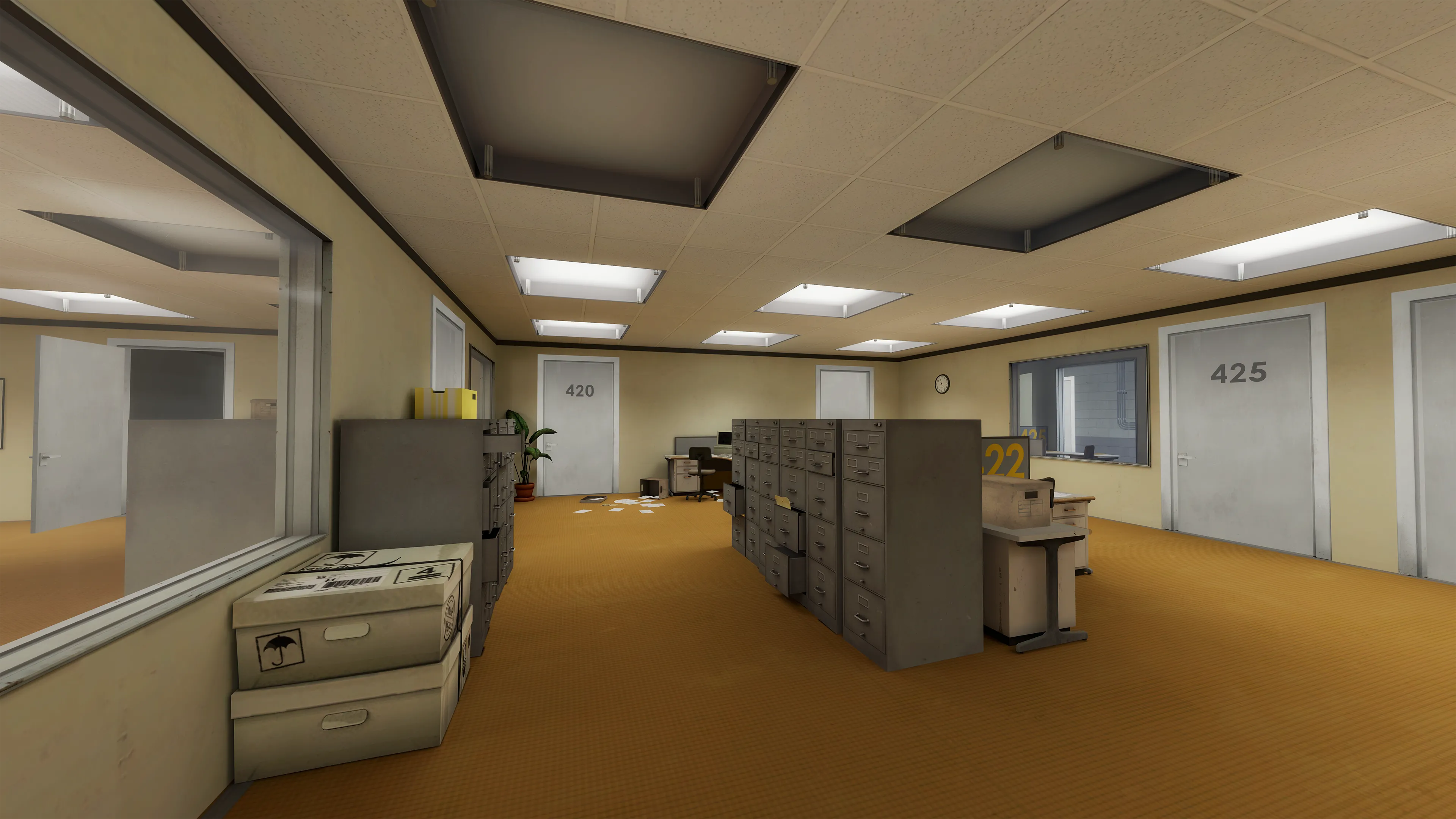 Nội thất một tòa nhà văn phòng với các cánh cửa được đánh số đóng kín trong game The Stanley Parable