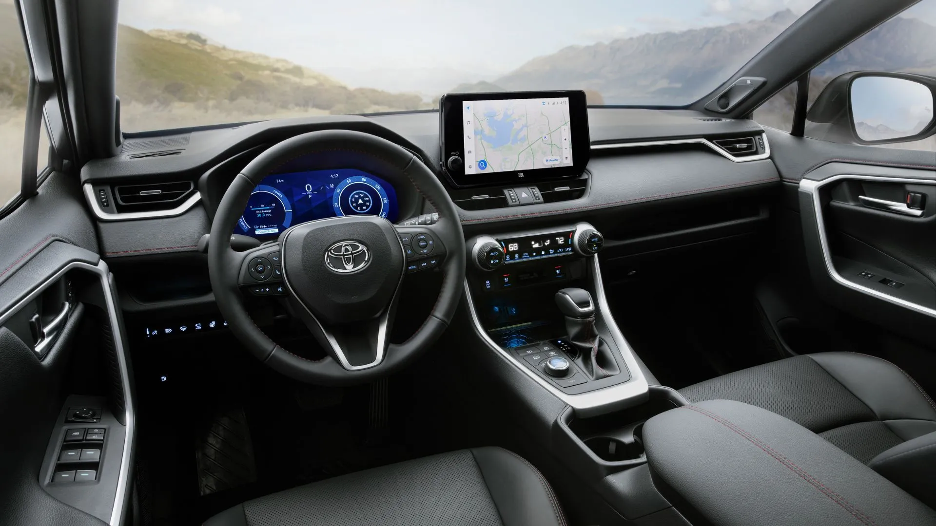 Nội thất tiện nghi của Toyota RAV4 Prime XSE 2024, với ghế trước, vô lăng và màn hình thông tin giải trí, thể hiện sự sang trọng và công nghệ.
