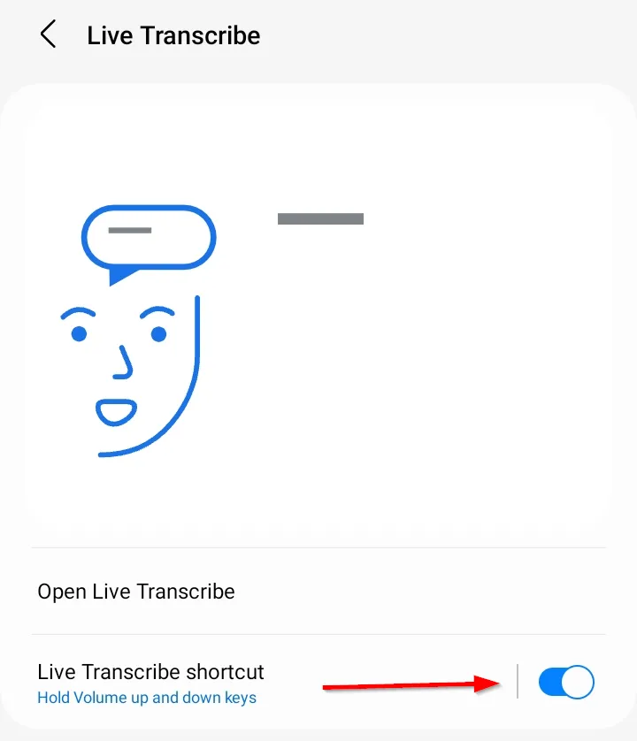 Nút bật/tắt &quot;Phím tắt Live Transcribe&quot; trong cài đặt Samsung Galaxy