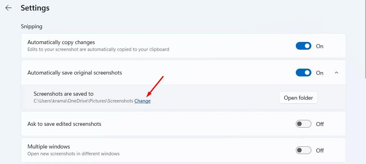 Nút Change trong cài đặt Snipping Tool để thay đổi thư mục lưu ảnh chụp