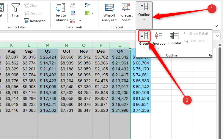 Nút Group trong menu thả xuống Outline của tab Data trên thanh ribbon của Excel.