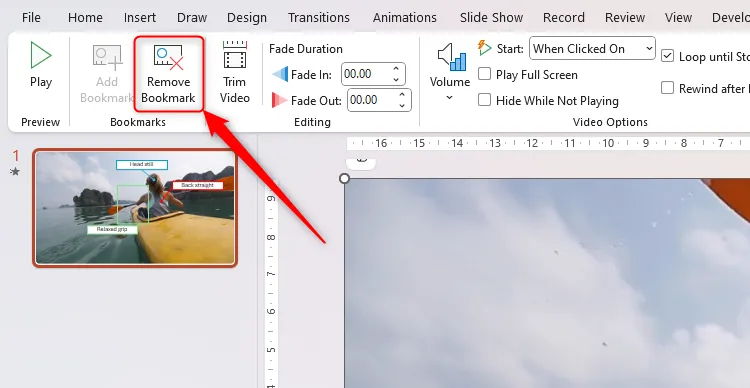 Nút &quot;Remove Bookmark&quot; trong thẻ Phát lại (Playback) trên thanh công cụ PowerPoint