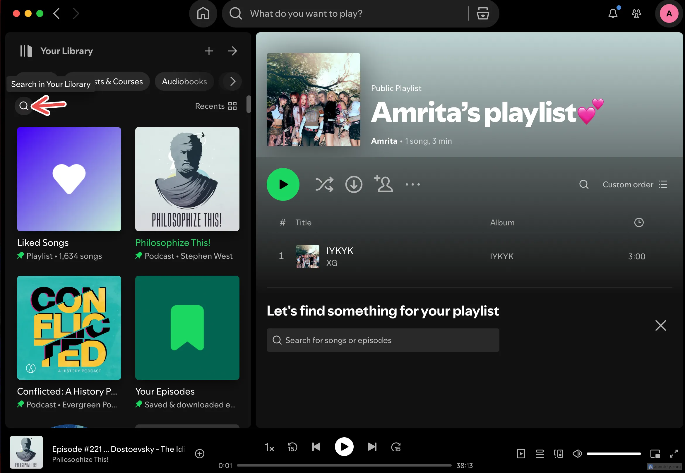 Nút tìm kiếm trong thư viện Spotify, minh họa sự tiện lợi khi quản lý nhạc trên ứng dụng desktop so với điện thoại.