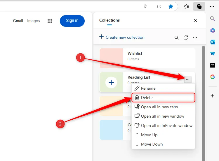 Nút Xóa bên cạnh một Bộ sưu tập trong Microsoft Edge.
