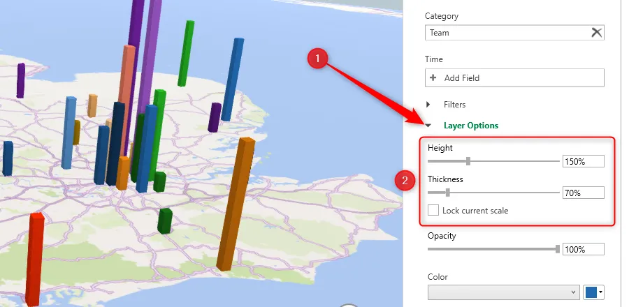 Phần Layer Options của Layer Pane trong cửa sổ 3D Map của Excel được mở rộng, và chiều cao cùng độ dày của các cột đã được điều chỉnh.