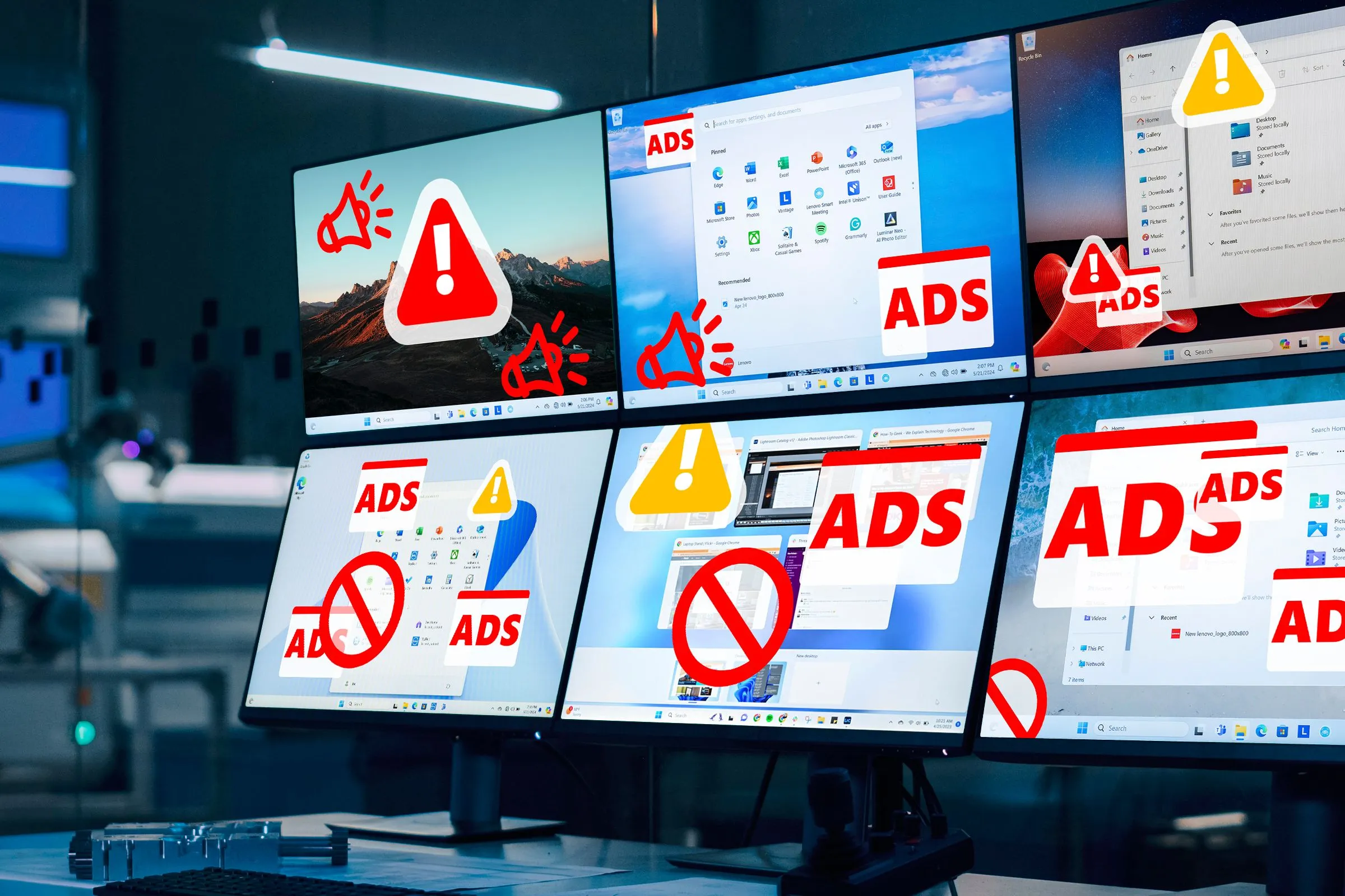 Phòng điều khiển giám sát nhiều màn hình Windows 11 với quảng cáo gây phiền nhiễu